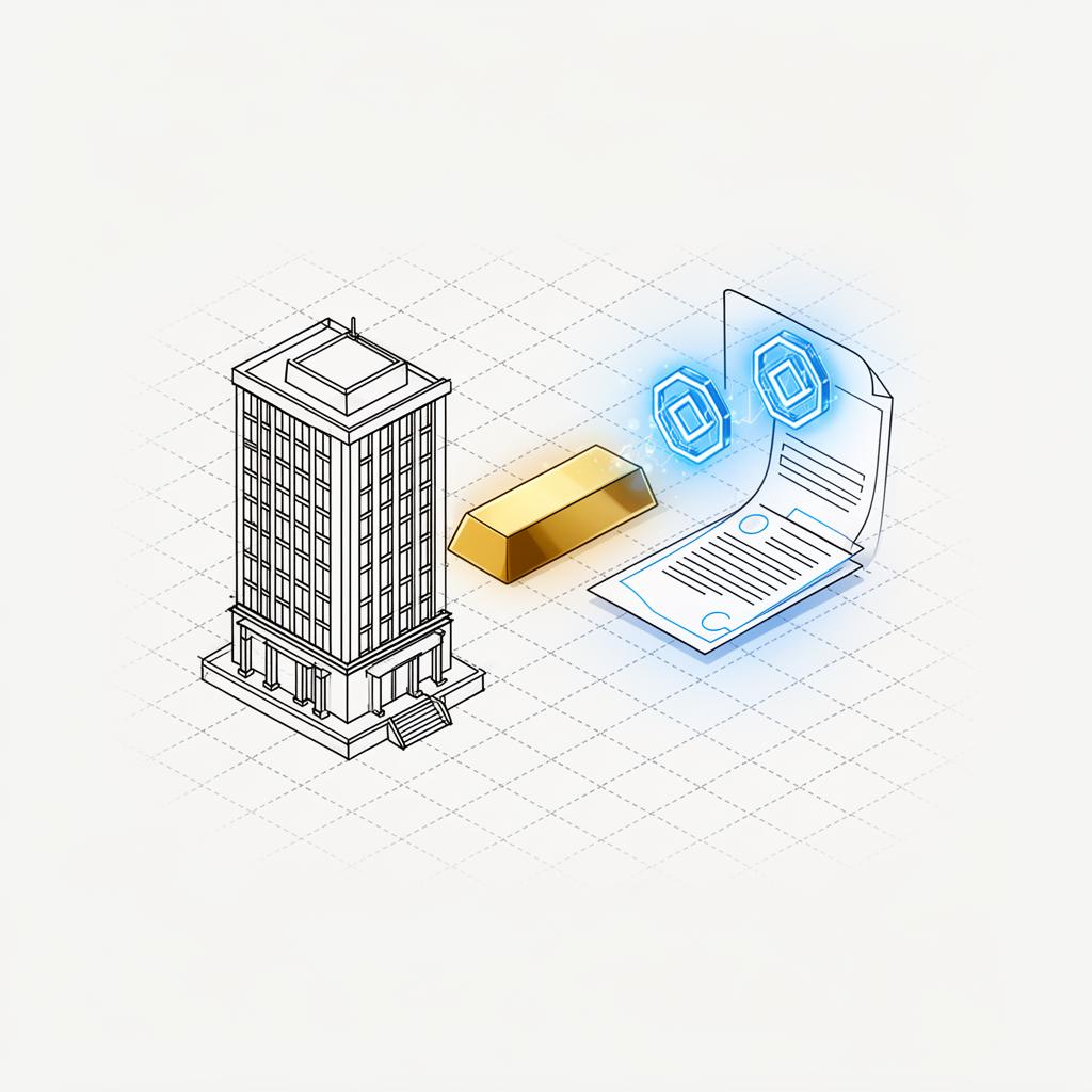 Diagrama de tokenización: inmueble, oro y documento legal transformándose en tokens digitales